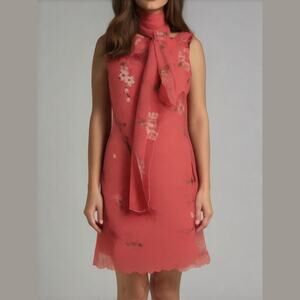 Vintage LaBelle Pink Floral Chiffon Sleeveless Sheath Dress With Scarf Women 9